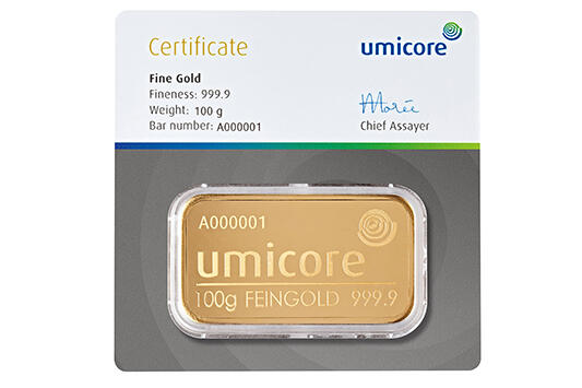 Lingot d'or frappé 100 grammes - Umicore